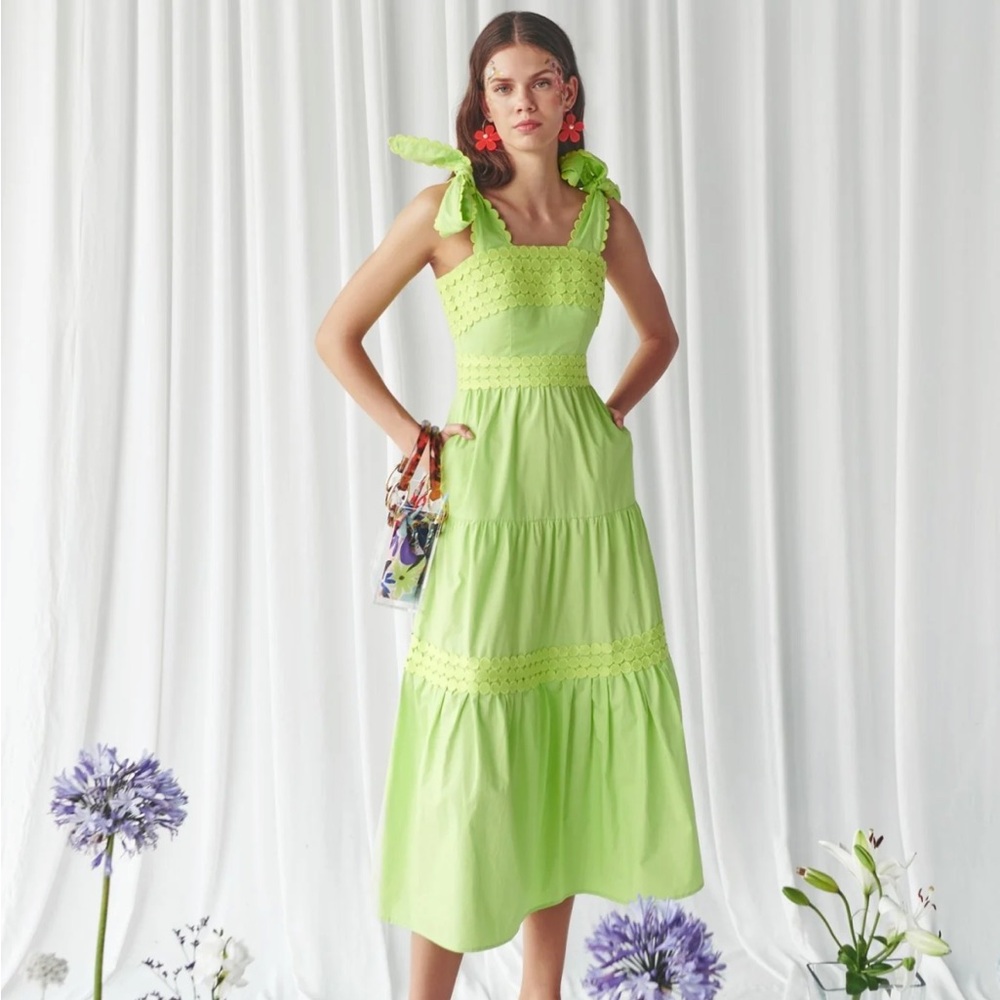NWT XL CELIAB CELIA B GUNMAR DRESS LIME GREEN MIDI RUFFLE BOW